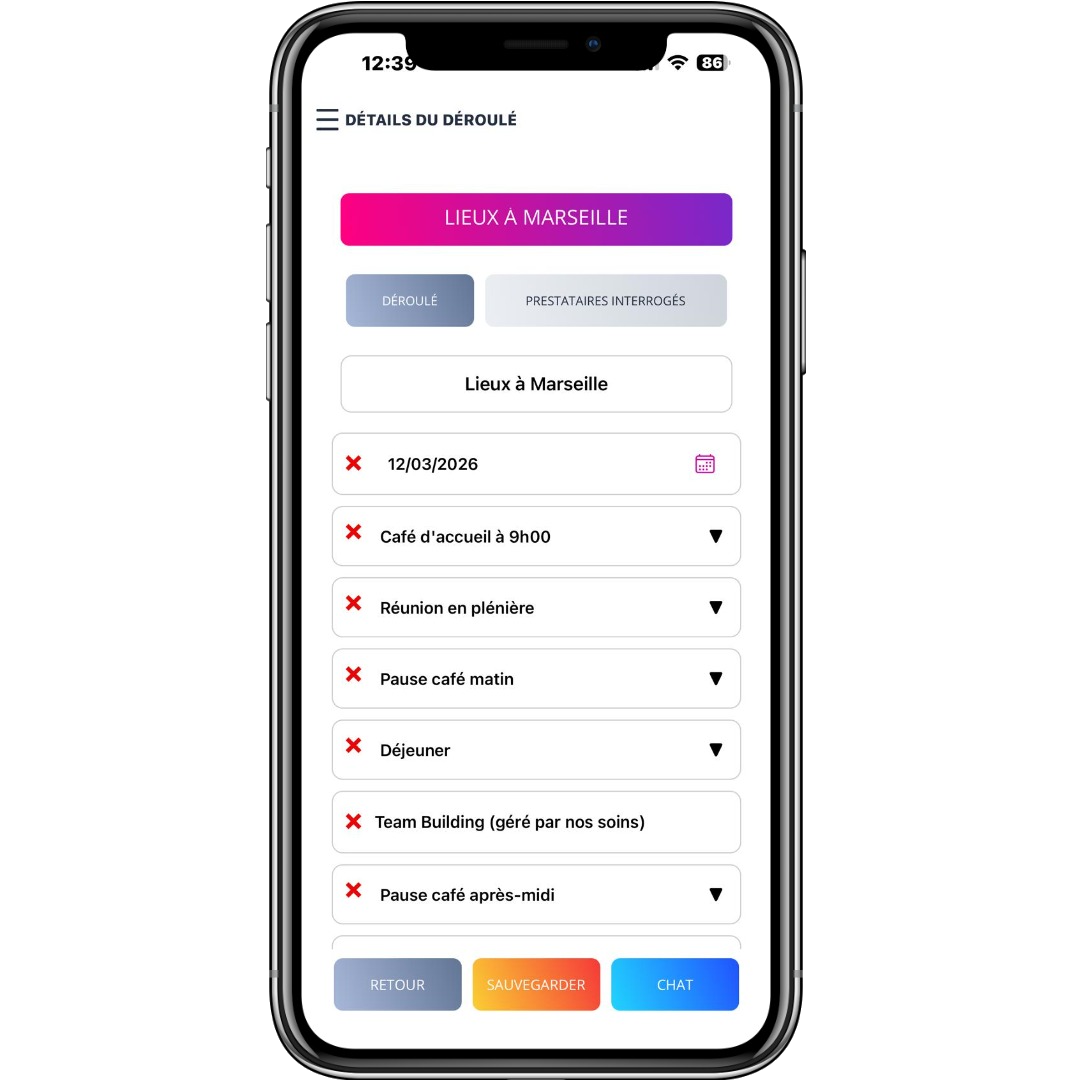 Écran gestion événements