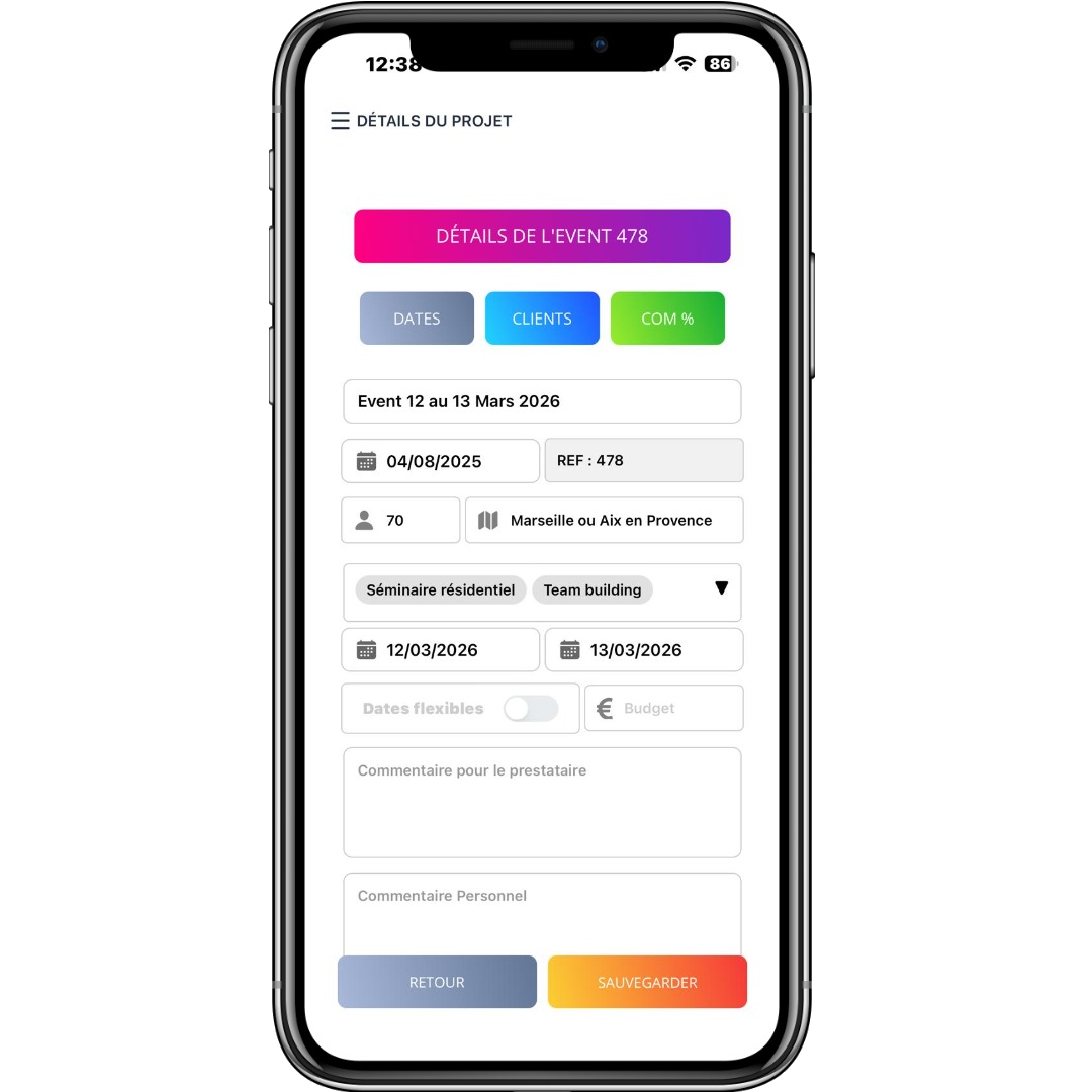 Écran gestion événements